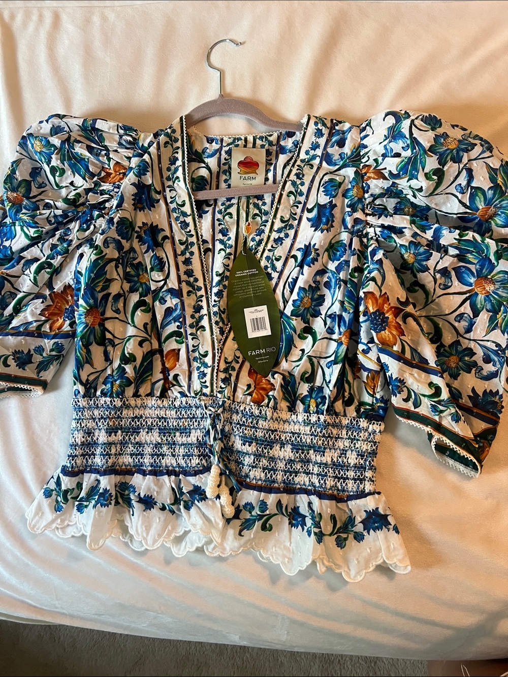 FARM Rio White Blue & Green Floral Puff-Sleeve Smocked Peplum Top